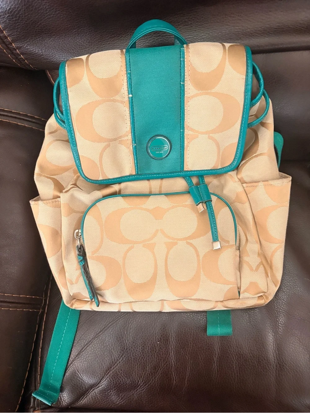 Coach Beige Signature Canvas Backpack with Teal Trim